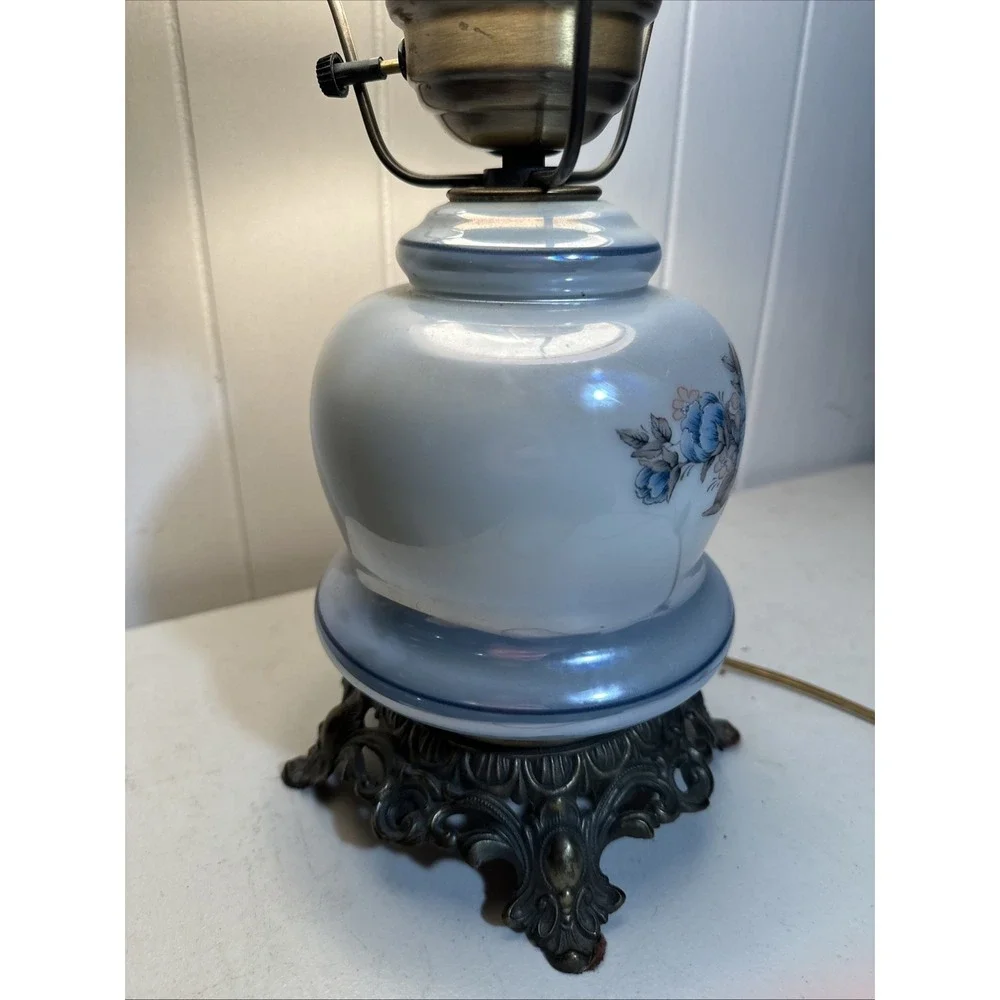 Vintage Gone With the Wind Lamp Blue Pink Floral Milk Glass Hurricane Victorian